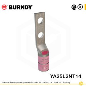 Terminal de compresión Burndy YA25L2NT14 de cobre estañado 2/0 AWG, barril largo, 2 orificios 1/4", separación 5/8"