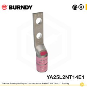Terminal de compresión Burndy YA25L2NT14E1 de cobre estañado 1/0 AWG, barril largo, 2 orificios 1/4", separación 1"