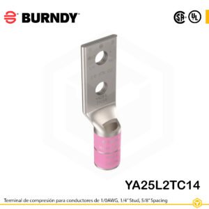 Terminal Burndy YA25L2TC14 de cobre estañado, conductor 1/0 AWG, doble orificio de perno de ¼″ separados 5/8″, barril estándar corto con ventana de inspección (codificación rosa).