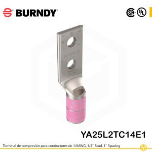 Terminal Burndy YA25L2TC14E1 de cobre estañado, conductor 1/0 AWG tipo code conductor, con dos orificios de perno de ¼″ espaciados 1″, barril estándar corto con ventana de inspección (codificación rosa).