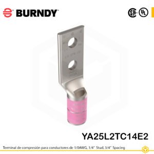 Terminal Burndy YA25L2TC14E2 de cobre estañado, conductor 1/0 AWG, doble orificio de perno de ¼″ separados ¾″, barril estándar corto con ventana de inspección (codificación color rosa).