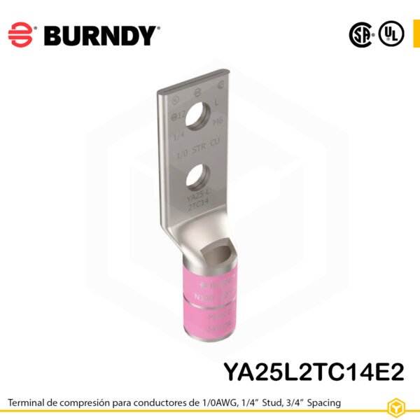 Terminal Burndy YA25L2TC14E2 de cobre estañado, conductor 1/0 AWG, doble orificio de perno de ¼″ separados ¾″, barril estándar corto con ventana de inspección (codificación color rosa).
