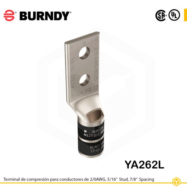 Terminal Burndy YA262L de cobre estañado, conductor 2/0 AWG tipo "code conductor", doble orificio de perno de 5/16″ espaciados 7/8″, barril estándar con ventana de inspección (codificación negra).