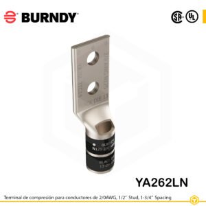 Terminal Burndy YA262LN de cobre estañado, conductor 2/0 AWG tipo “code conductor”, con dos orificios de perno de ½″ separados 1 ¾″, barril estándar con ventana de inspección (codificación negra).