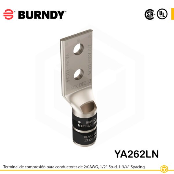 Terminal Burndy YA262LN de cobre estañado, conductor 2/0 AWG tipo “code conductor”, con dos orificios de perno de ½″ separados 1 ¾″, barril estándar con ventana de inspección (codificación negra).