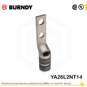 Terminal de compresión Burndy YA26L2NT14 de cobre estañado 2/0 AWG, barril largo, 2 orificios 1/4", separación 5/8"