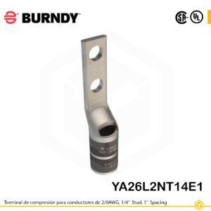 Terminal de compresión Burndy YA26L2NT14E1 de cobre estañado 2/0 AWG, barril largo, 2 orificios 1/4", separación 1"