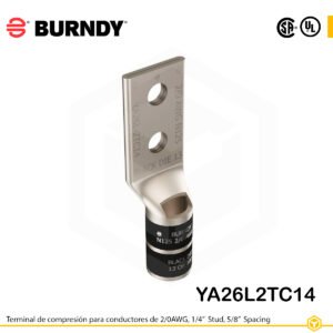 Terminal Burndy YA26L2TC14 de cobre estañado, conductor 2/0 AWG tipo “code conductor”, con dos orificios de perno de ¼″ separados por 5/8″, barril estándar con ventana de inspección (codificación negro).