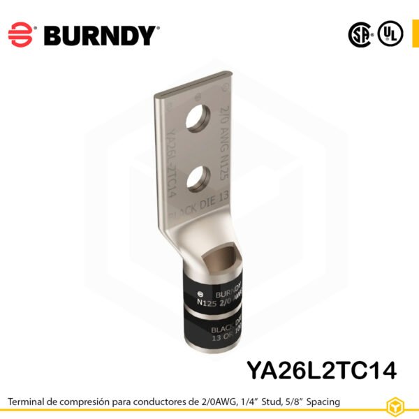 Terminal Burndy YA26L2TC14 de cobre estañado, conductor 2/0 AWG tipo “code conductor”, con dos orificios de perno de ¼″ separados por 5/8″, barril estándar con ventana de inspección (codificación negro).