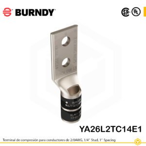 Terminal Burndy YA26L2TC14E1 de cobre estañado, conductor 2/0 AWG tipo “code conductor”, con dos orificios de perno de ¼″ separados 1″, barril estándar con ventana de inspección (codificación negra).