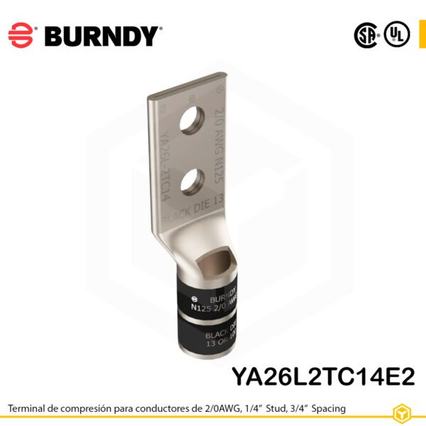 Terminal Burndy YA26L2TC14E2 de cobre estañado, conductor 2/0 AWG, con doble orificio de perno de ¼″ espaciado ¾″, barril estándar corto con ventana de inspección (codificación negra).