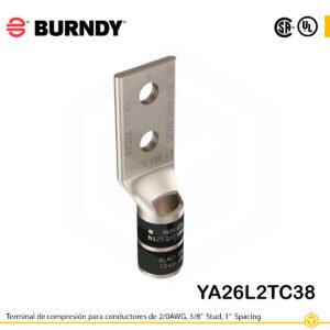 Terminal Burndy YA26L2TC38 de cobre estañado, conductor 2/0 AWG tipo “code conductor”, con dos orificios de perno de 3/8″ separados 1″, barril estándar corto con ventana de inspección (codificación negra).