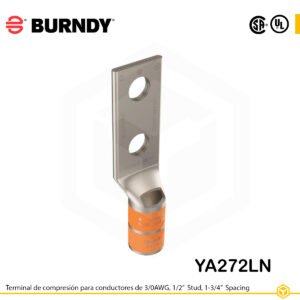 Terminal Burndy YA272LN de cobre estañado, conductor 3/0 AWG tipo “code conductor”, doble orificio de perno de ½″ espaciados 1¾″, barril estándar con ventana de inspección (codificación naranja).