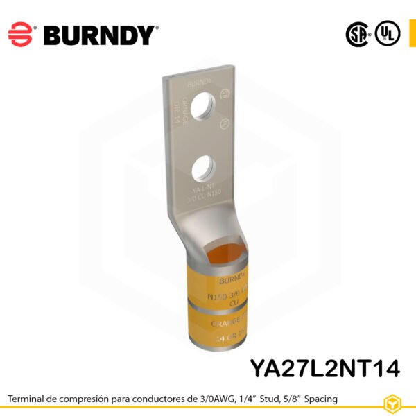Terminal de compresión Burndy YA27L2NT14 de cobre estañado 3/0 AWG, barril largo, 2 orificios 1/4", separación 5/8"
