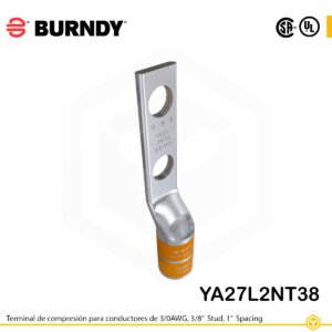 Terminal de compresión Burndy YA27L2NT38 de cobre estañado 3/0 AWG, barril largo, 2 orificios 3/8", separación 1"