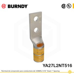Terminal de compresión Burndy YA27L2NT516 de cobre estañado 3/0 AWG, barril largo, 2 orificios 5/16", separación 1"