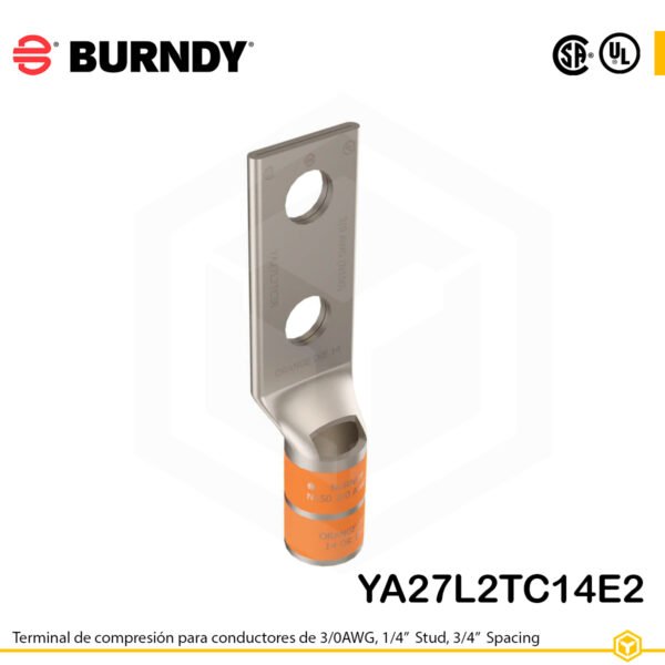 Terminal Burndy YA27L2TC14E2 de cobre estañado, conductor 3/0 AWG tipo “code conductor”, doble orificio de perno de ¼″ espaciados ¾″, barril estándar corto con ventana de inspección (codificación naranja).