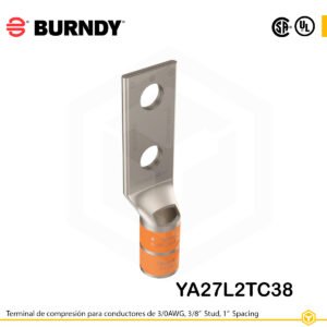 Terminal Burndy YA27L2TC38 de cobre estañado, conductor 3/0 AWG tipo “code conductor”, doble orificio de perno de 3/8″ espaciados 1″, barril estándar corto con ventana de inspección (codificación naranja).