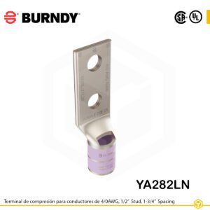 Terminal Burndy YA282LN de cobre estañado, conductor 4/0 AWG tipo “code conductor”, con dos orificios de perno de ½″ espaciados 1 ¾″, barril estándar corto con ventana de inspección (codificación púrpura).