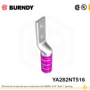Terminal Burndy YA282NT516 de cobre estañado, conductor 4/0 AWG tipo “code conductor”, doble orificio de perno de 5/16″ con separación 1″, barril largo con lengua estrecha (narrow tongue) y ventana de inspección (codificación púrpura).