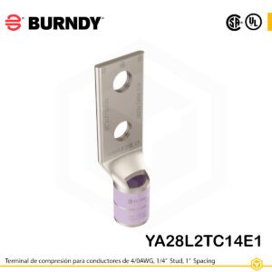 Terminal Burndy YA28L2TC14E1 de cobre estañado, conductor 4/0 AWG tipo code conductor, doble orificio de perno de ¼″ separados 1″, barril estándar corto con ventana de inspección (codificación púrpura).