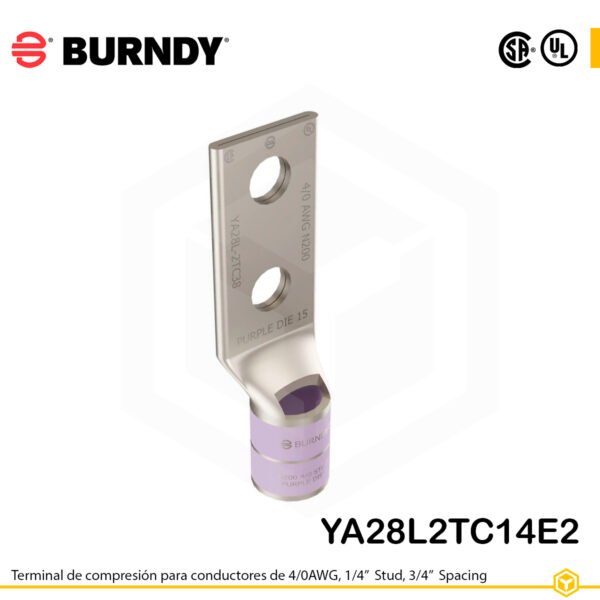 Terminal Burndy YA28L2TC14E2 de cobre estañado, conductor 4/0 AWG tipo code conductor, doble orificio para perno de ¼″ espaciados ¾″, barril estándar corto con ventana de inspección (codificación púrpura).