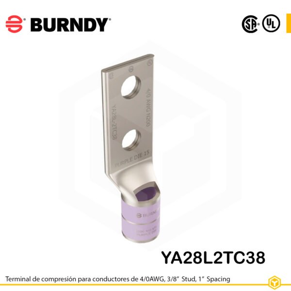 Terminal Burndy YA28L2TC38 de cobre estañado, conductor 4/0 AWG “code conductor”, doble orificio de perno de 3/8″ espaciados 1″, barril estándar corto con ventana de inspección (codificación púrpura).