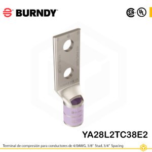 Terminal Burndy YA28L2TC38E2 de cobre estañado, conductor 4/0 AWG tipo “code conductor”, con dos orificios de perno de 3/8″ espaciados ¾″, barril estándar corto con ventana de inspección (codificación púrpura).