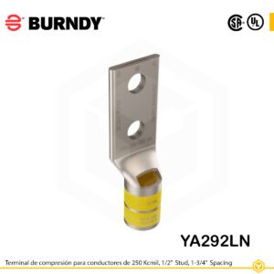 Terminal Burndy YA292LN de cobre estañado, conductor 250 kcmil tipo “code conductor”, doble orificio de perno de ½″ separados 1 ¾″, barril estándar corto con ventana de inspección (codificación amarilla).