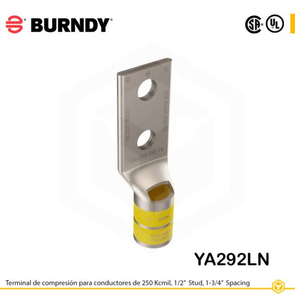 Terminal Burndy YA292LN de cobre estañado, conductor 250 kcmil tipo “code conductor”, doble orificio de perno de ½″ separados 1 ¾″, barril estándar corto con ventana de inspección (codificación amarilla).