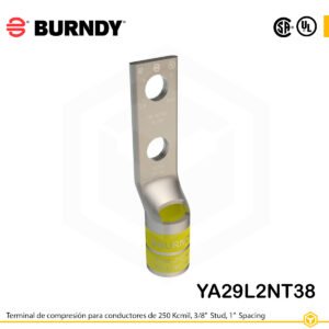 Terminal de compresión Burndy YA29L2NT38 de cobre estañado 250 kcmil, barril largo, 2 orificios 3/8", separación 1"