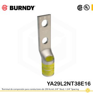 Terminal de compresión Burndy YA29L2NT38E16 de cobre estañado 250 kcmil, barril largo, 2 orificios 3/8", separación 1-3/4"