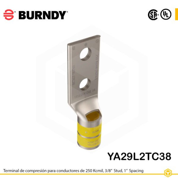 Terminal Burndy YA29L2TC38 de cobre estañado, conductor 250 kcmil, dos orificios de perno de 3/8″ separados 1 pulgada, barril estándar corto con ventana de inspección (codificación amarilla).