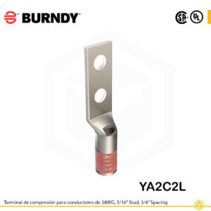 Terminal Burndy YA2C2L de cobre estañado, conductor 2 AWG tipo "code conductor", con dos orificios de perno de 5/16″ espaciados ¾″, barril estándar con ventana de inspección (codificación marrón).