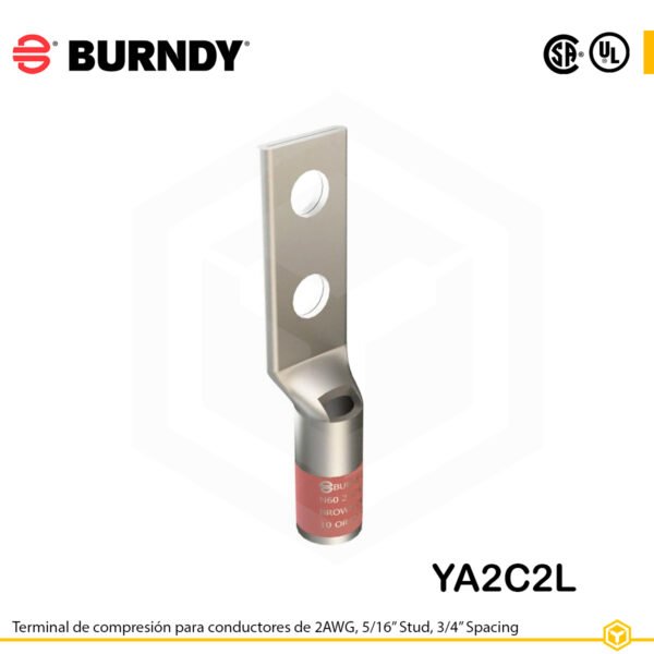 Terminal Burndy YA2C2L de cobre estañado, conductor 2 AWG tipo "code conductor", con dos orificios de perno de 5/16″ espaciados ¾″, barril estándar con ventana de inspección (codificación marrón).