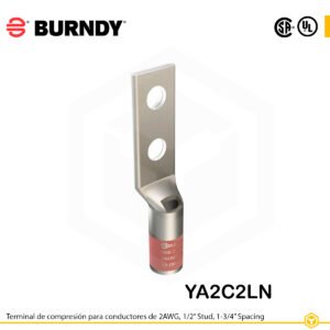 Terminal de compresión Burndy YA2C2LN, cobre estañado, conductor 2 AWG “code conductor”, dos orificios de perno de ½″ espaciados 1 ¾″, barril estándar con ventana de inspección (color marrón).