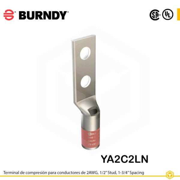 Terminal de compresión Burndy YA2C2LN, cobre estañado, conductor 2 AWG “code conductor”, dos orificios de perno de ½″ espaciados 1 ¾″, barril estándar con ventana de inspección (color marrón).