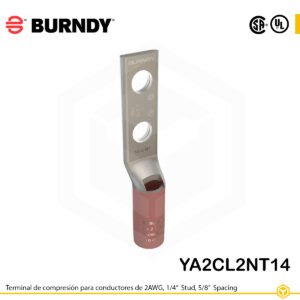 Terminal de compresión Burndy YA2CL2NT14 de cobre estañado 2 AWG, barril largo, 2 orificios 1/4", separación 5/8"