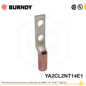 Terminal de compresión Burndy YA2CL2NT14E1 de cobre estañado 2 AWG, barril largo, 2 orificios 1/4", separación 1"