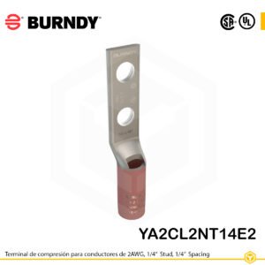 Terminal de compresión Burndy YA2CL2NT14E2 de cobre estañado 2 AWG, barril largo, 2 orificios 1/4", separación 1/4"