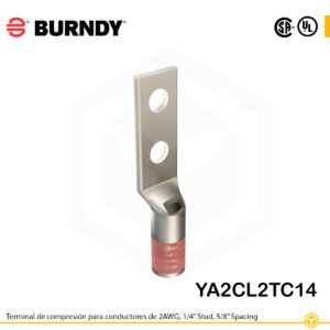 Terminal Burndy YA2CL2TC14 de cobre estañado, conductor 2 AWG, con dos orificios de perno de ¼″ espaciados 5/8″, barril estándar con ventana de inspección (color marrón).
