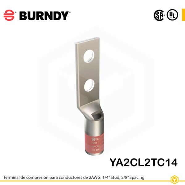 Terminal Burndy YA2CL2TC14 de cobre estañado, conductor 2 AWG, con dos orificios de perno de ¼″ espaciados 5/8″, barril estándar con ventana de inspección (color marrón).