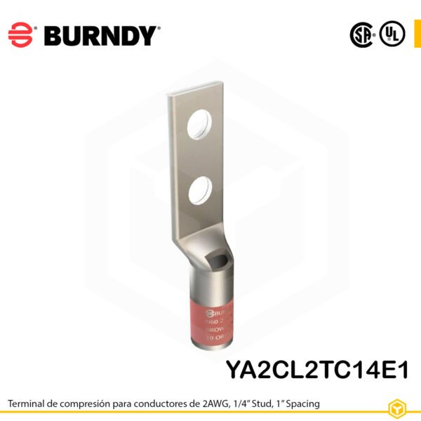 Terminal Burndy YA2CL2TC14E1 de cobre estañado, conductor 2 AWG tipo “code conductor”, con dos orificios de perno de ¼″ separados 1″, barril estándar con ventana de inspección (color marrón).
