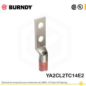 Terminal Burndy YA2CL2TC14E2 de cobre estañado, conductor 2 AWG tipo “code conductor”, con dos orificios de perno de ¼″ separados por ¾″, barril estándar con ventana de inspección (codificación marrón).