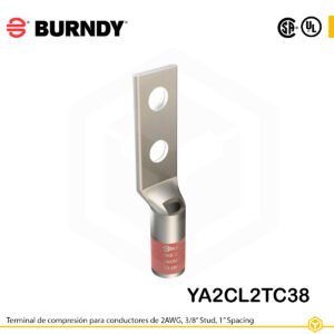 Terminal Burndy YA2CL2TC38 de cobre estañado, conductor 2 AWG tipo “code conductor”, con doble orificio de perno de 3/8″ separados 1″, barril estándar corto con ventana de inspección (codificación marrón).
