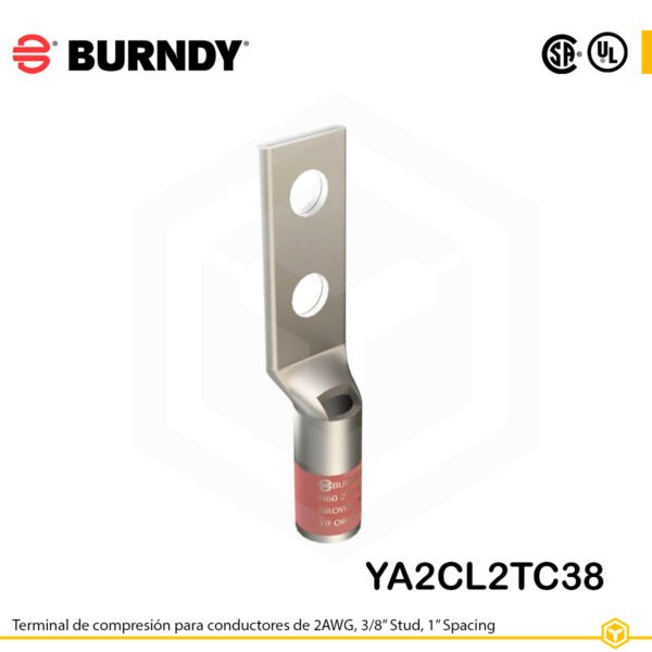 Terminal Burndy YA2CL2TC38 de cobre estañado, conductor 2 AWG tipo “code conductor”, con doble orificio de perno de 3/8″ separados 1″, barril estándar corto con ventana de inspección (codificación marrón).