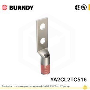 Terminal Burndy YA2CL2TC516, cobre estañado, conductor 2 AWG tipo code conductor, con dos orificios de perno de 5/16″ separados por 1″, barril estándar con ventana de inspección (color marrón).
