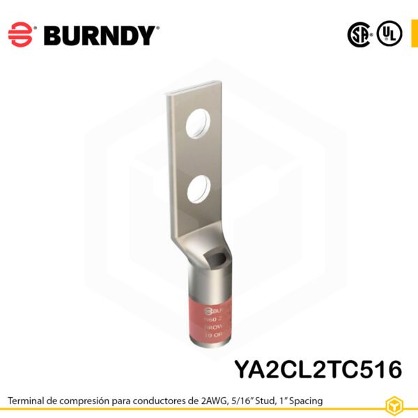 Terminal Burndy YA2CL2TC516, cobre estañado, conductor 2 AWG tipo code conductor, con dos orificios de perno de 5/16″ separados por 1″, barril estándar con ventana de inspección (color marrón).
