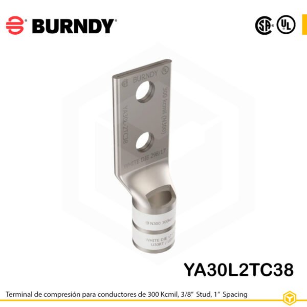 Terminal Burndy YA30L2TC38 de cobre estañado, conductor 300 kcmil tipo “code conductor”, doble orificio de perno de 3/8″ separados 1″, barril estándar corto con ventana de inspección (codificación blanca).