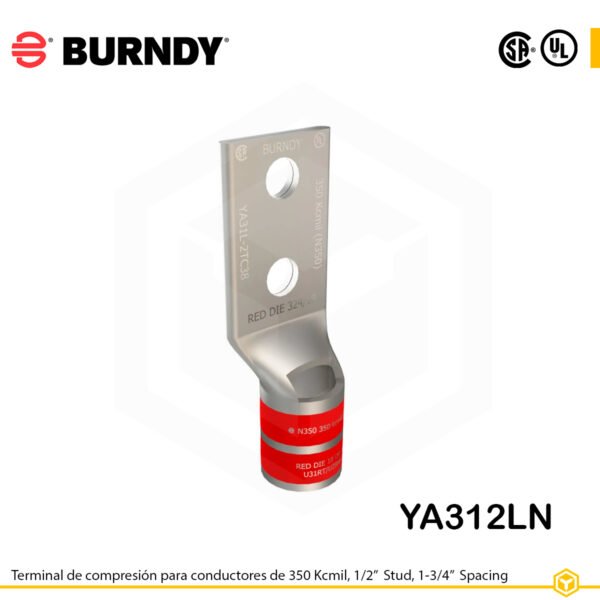 Terminal Burndy YA312LN de cobre estañado, conductor 350 kcmil tipo “code conductor”, doble orificio de perno de ½″ separados 1 ¾″, barril estándar corto con ventana de inspección (codificación roja).